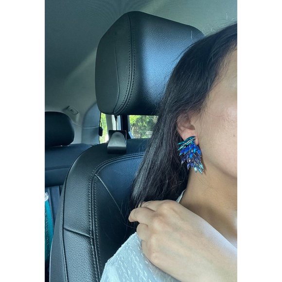 Large Blue earring stud wing crystal Rhinestone Crystal aqua teal oversized - Picture 5 of 7